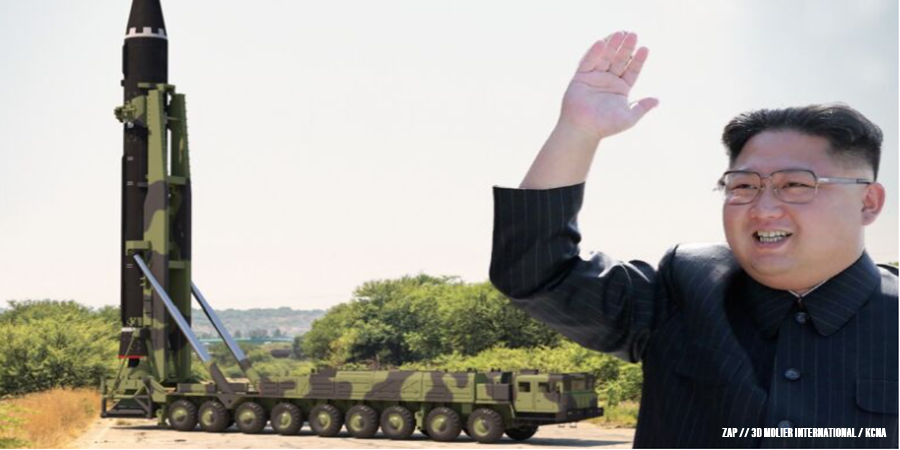 Kim Jong-un em frente a modelo de plataforma lançadora de míssil ICBM Hwasong-15 da Coreia do Norte (montagem)